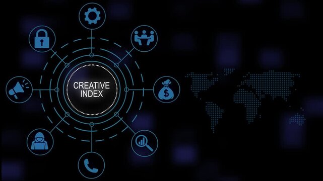 Comprehensive digital creative index infographic animation featuring global network connections corporate strategy business and futuristic ui technology on dark background