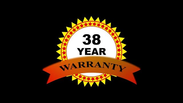 38 year warranty badge animation, gold seal stamp for product guarantee and assurance seal of approval