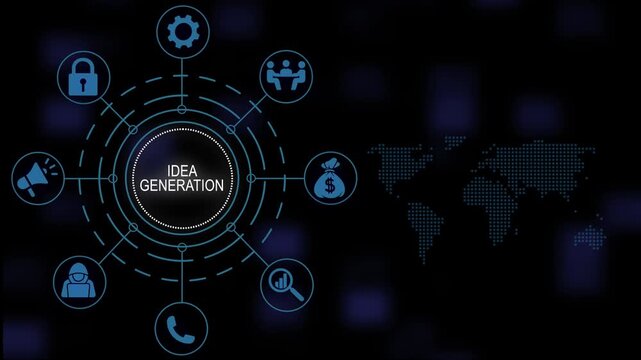 Animated concept diagram of idea generation featuring business strategy global network map, and interactive digital interface on a dark background, for corporate presentations