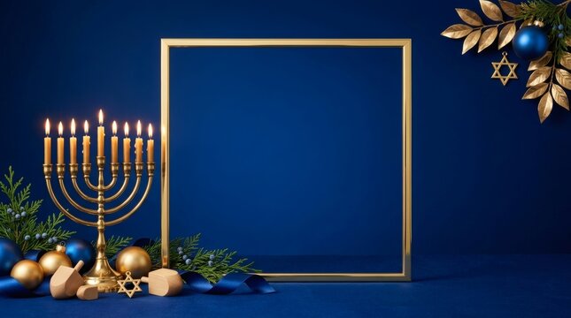 Hanukkah background with menorah candles golden frame and festive decorations