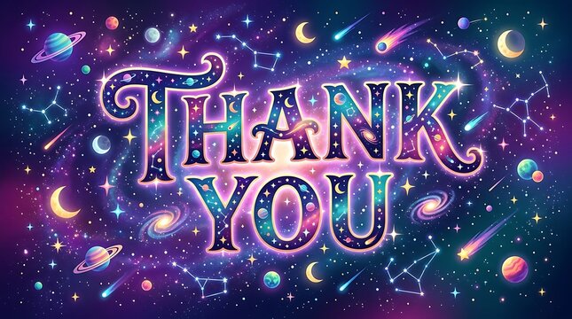 Thank you lettering with galaxy space theme and stars in a colorful cosmic background