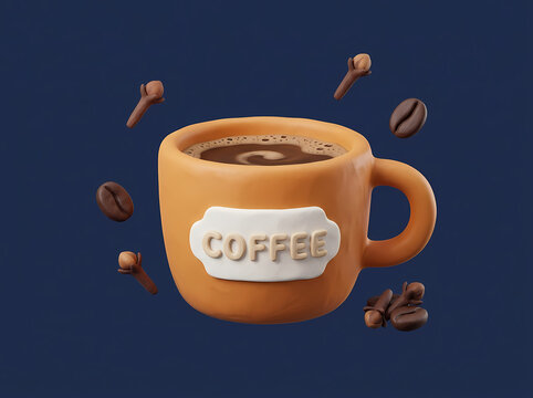 3D rendered clay style coffee cup with floating coffee beans and cloves on dark blue background.