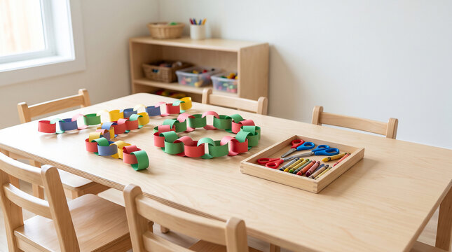Nursery school craft table with paper chain wreaths, scissors and crayons for a Christmas activity