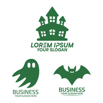 Set of halloween themed logos with haunted house, ghost, and bat icons