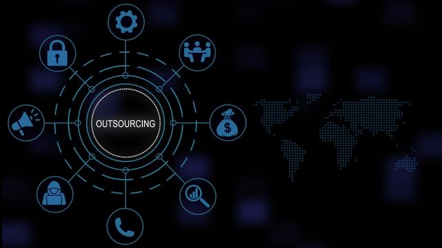 Dynamic outsourcing concept animation featuring glowing blue connected to a central network hub with a dotted map background, for global business, strategy and corporate presentations