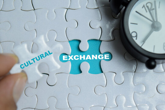 Piece of jigsaw puzzle culture exchange phrase. For timely importance of global connection