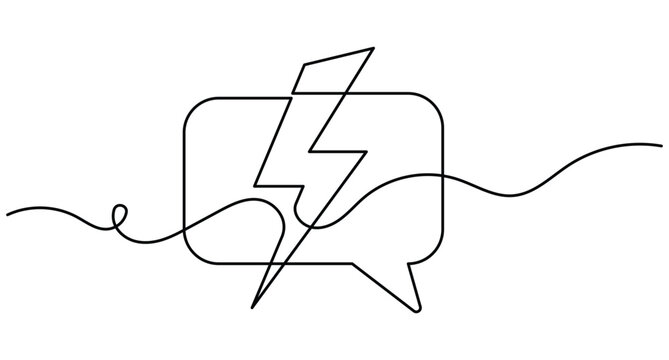 Lightning speech bubble line art design depicting quick message concept with editable stroke continuous drawing