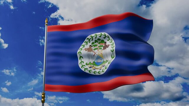 Belize Flag Waving Against Blue Sky