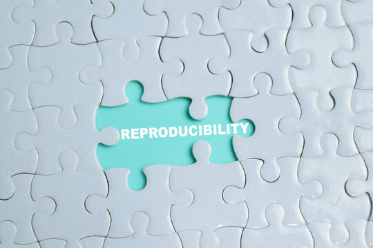Piece of jigsaw puzzle reproducibility phrase. For scientific research and data consistency