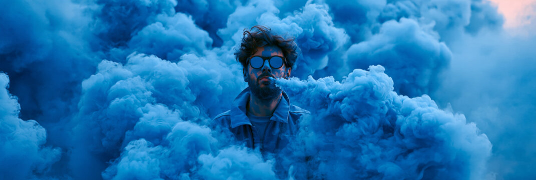 Mann mit lockigem Haar und Sonnenbrille im dichten blauen Rauch, farbintensiver Stil, f&uuml;r Festival-Werbung, Social-Media-Post und Veranstaltungsplakate.
