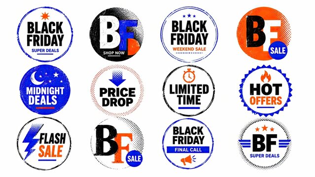 Collection of twelve Black Friday sale badges featuring bold promotional typography, discount symbols, stars, and colorful circular designs on a white background.