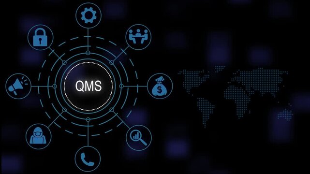 Comprehensive management system (qms) business concept with digital interface, glowing blue futuristic hud and map background, for corporate presentations