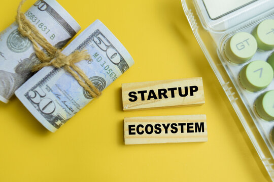 Concept of startup ecosystem text on wooden blocks. For business funding and innovation
