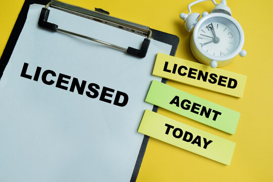 Concept of licensed agent today write on sticky notes isolated on table. For authorized and accredited seller of insurance policies collection