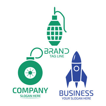 Set of creative logo designs featuring a hand grenade and a rocket ship icon