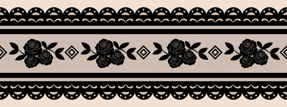 Seamless scallop lace border trim with ornate rose floral edge and vintage crochet pattern.