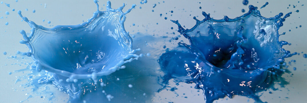 Zwei blaue Fl&uuml;ssigkeitsspritzer mit aufsteigenden Tropfen vor hellem Hintergrund, realistisch eingefroren in der Bewegung, f&uuml;r Getr&auml;nkewerbung, Reinigungsprodukte und Wasserthemen.