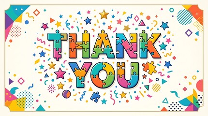 Fototapeta premium Colorful thank you text design made with puzzle pieces and decorative confetti shapes