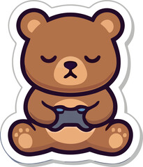 Cute cartoon bear cub engrossed in playing a video game with a controller © Asia