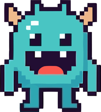 Charming pixel art monster character with a playful expression and bright turquoise coloring