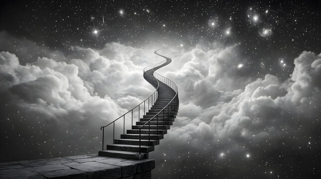 Staircase ascending into a starry night sky filled with fluffy clouds