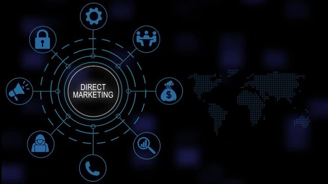 Animated direct marketing concept diagram with glowing digital and map background, for business presentations, and corporate digital, strategy explainer