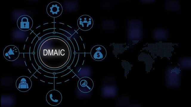 Comprehensive dmaic six sigma methodology framework diagram featuring glowing neon blue business strategy and corporate process optimization against a dark digital network map background