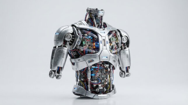 Humanoid robot with exposed internal components standing upright