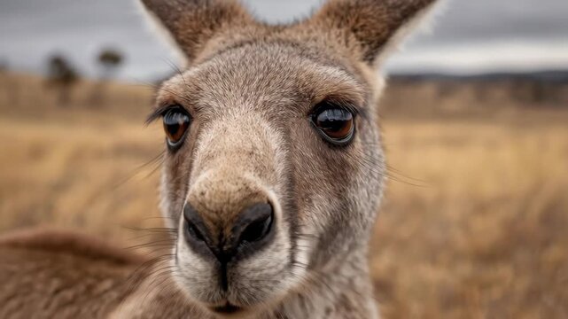Close up portrait of a wild kangaroo in the Australian outback looking at the camera.