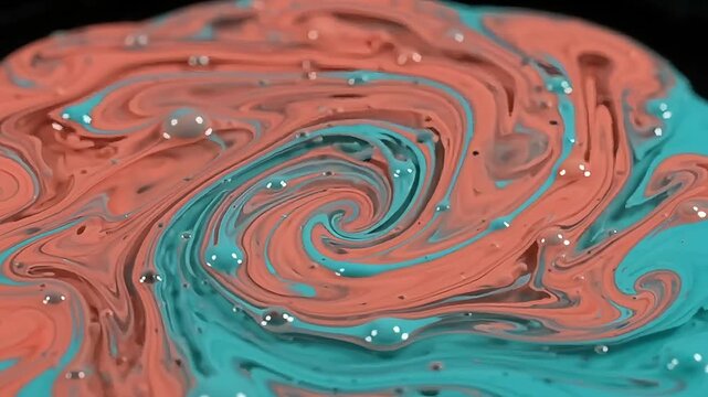 Macro shot of coral and cyan paint swirling together into spiral