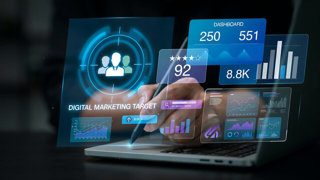 Digital marketing analytics dashboard on futuristic laptop with mobile devices showing metrics