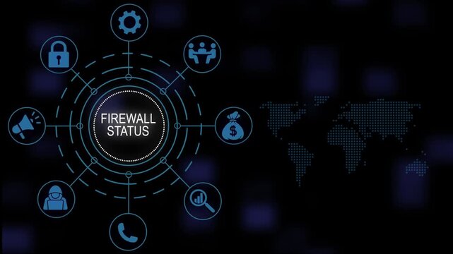 Comprehensive digital firewall status network concept animation displaying cybersecurity protection shielding systems and data privacy security protocols against global cyber threats and intrusions