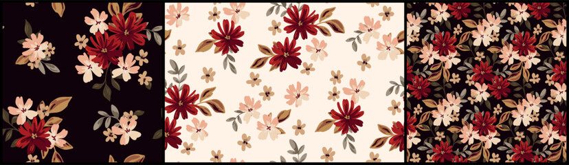 Seamless floral pattern, vintage ditsy print of hand drawn plants. Elegant botanical design in autumn colors. Small red flowers, tiny brown leaves, lush bouquets. Vector illustration in classic motif. © Yulya i Kot