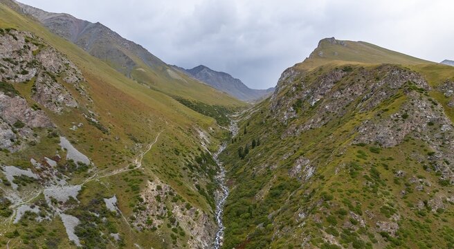 Aerial view, Green Mountain Valley, Chon Kyzyl Suu, Tien-Shan Mountains, Kyrgyzstan