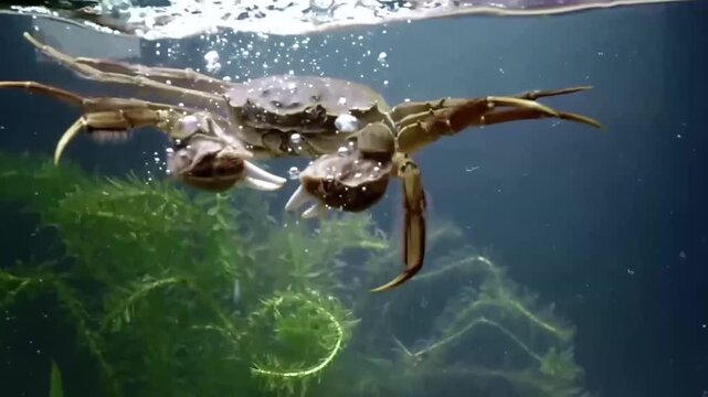 Chinese mitten crab swimming and resting underwater with aquatic plants and in a netted container