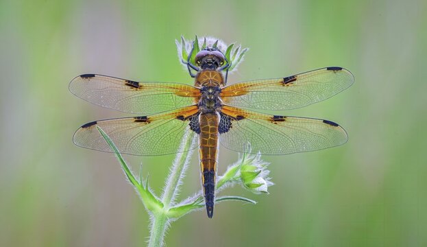 Four-spotted damselfly (Libellula quadrimaculata), Four-spotted chaser, Summer, Sailing dragonfly, Mass hatching, Natural spectacle, Shallow water, Lakes and rivers, Biosphere reserve, nature park park, Middle Elbe, River landscape Middle Elbe, Elbe, Saxony-Anhalt, Germany