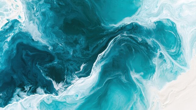 A close view of fluid dynamics shows teal and cream colors mixing. Rich blue liquids swirl together against a bright white background.