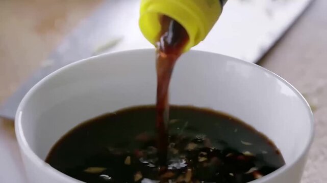 Person pouring soy sauce into a white ceramic bowl with minced garlic for Chinese cooking preparation
