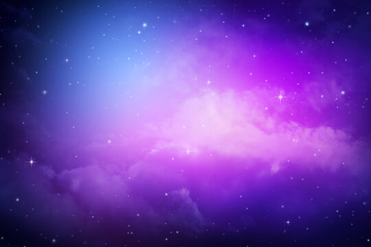 Night sky dreamy purple and blue with glowing clouds and sparkling stars cosmic fantasy background