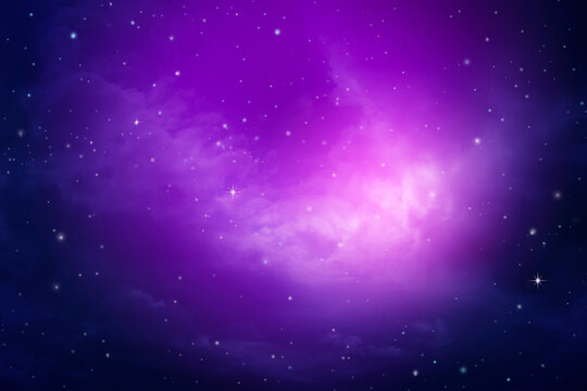 Night sky dreamy purple and blue with glowing clouds and sparkling stars cosmic fantasy background