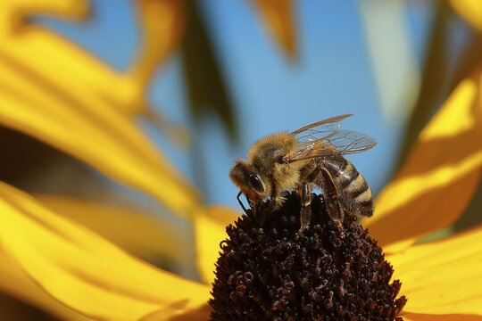 European honey bee (Apis mellifera), collecting nectar from a flower of yellow coneflower (Echinacea paradoxa), Wilden, North Rhine-Westphalia, Germany