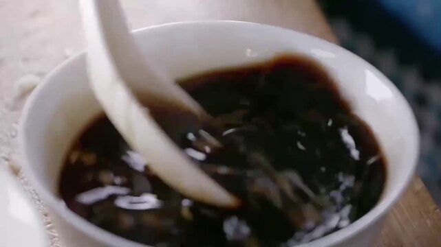 Person preparing soy-based dipping sauce with minced garlic and ginger in white ceramic bowls on wooden cutting board