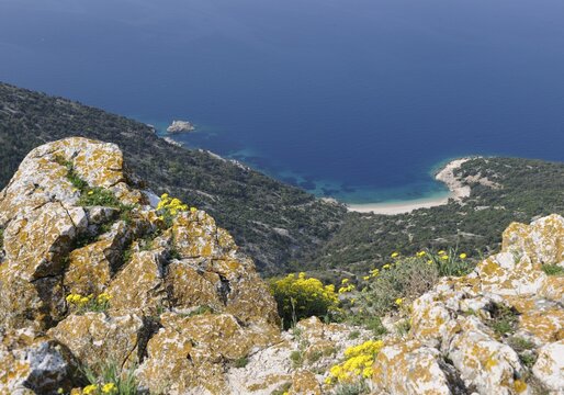 Overlooking the sandy beach below Lubenice on Cres, Croatia, Europe