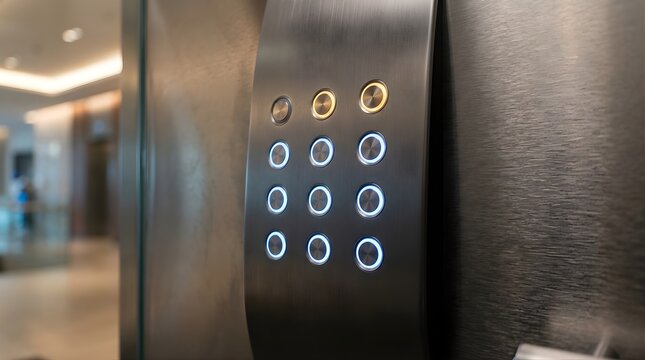 Modern metallic elevator button control panel with glowing circular lights