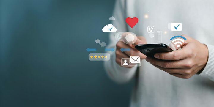 Person using smartphone with app icons like love, chat, email, and wifi signals floating around