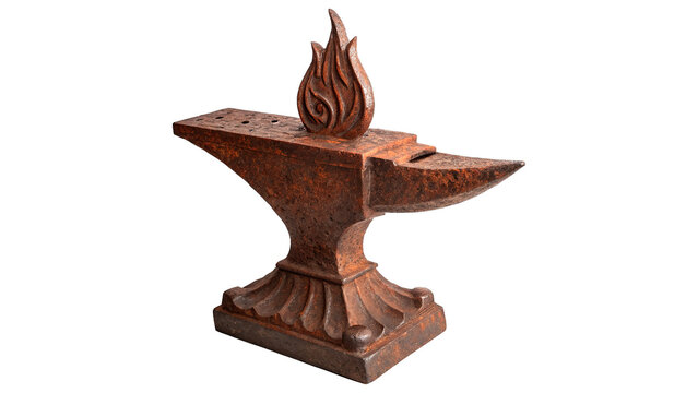 Vintage ancient iron anvil with flame element isolated on transparent background.