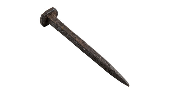 Large rusty industrial ancient iron metal nail isolated on transparent background.