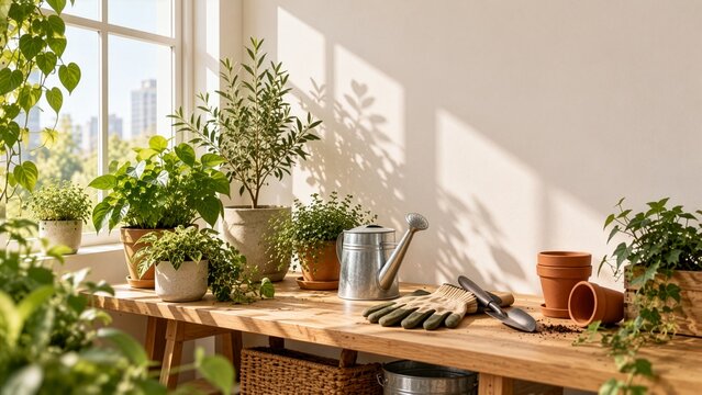 Indoor gardening station with houseplants and gardening tools by window