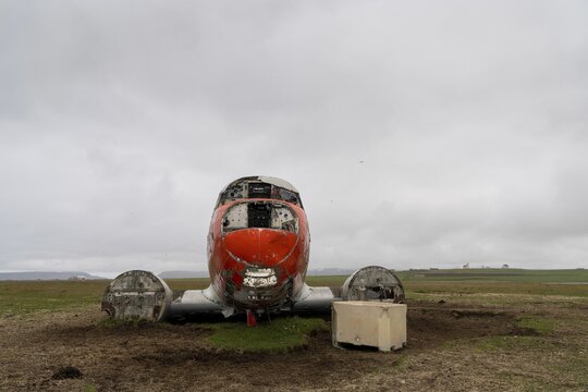 Emergency-landed American Air Force transport aircraft Douglas R4D-6 41-50187, now a shelter for sheep, near P&oacute;rsh&ouml;fn, Sau&eth;anes, Langanes Peninsula, Iceland
