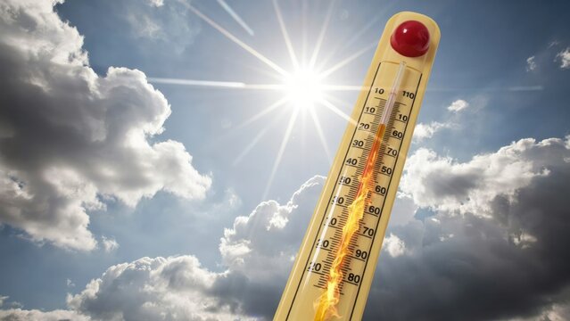A classic thermometer displaying high heat against a bright summer sun and cloudy sky. This image illustrates global warming and intense heatwave conditions.